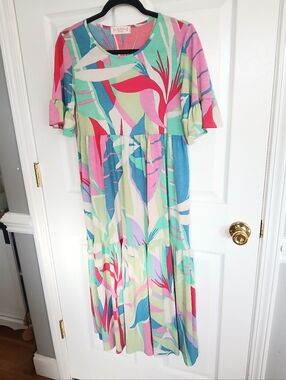 Almost Pink Colorful Abstract Midi Dress - Tropical Print Resortwear Feminine
